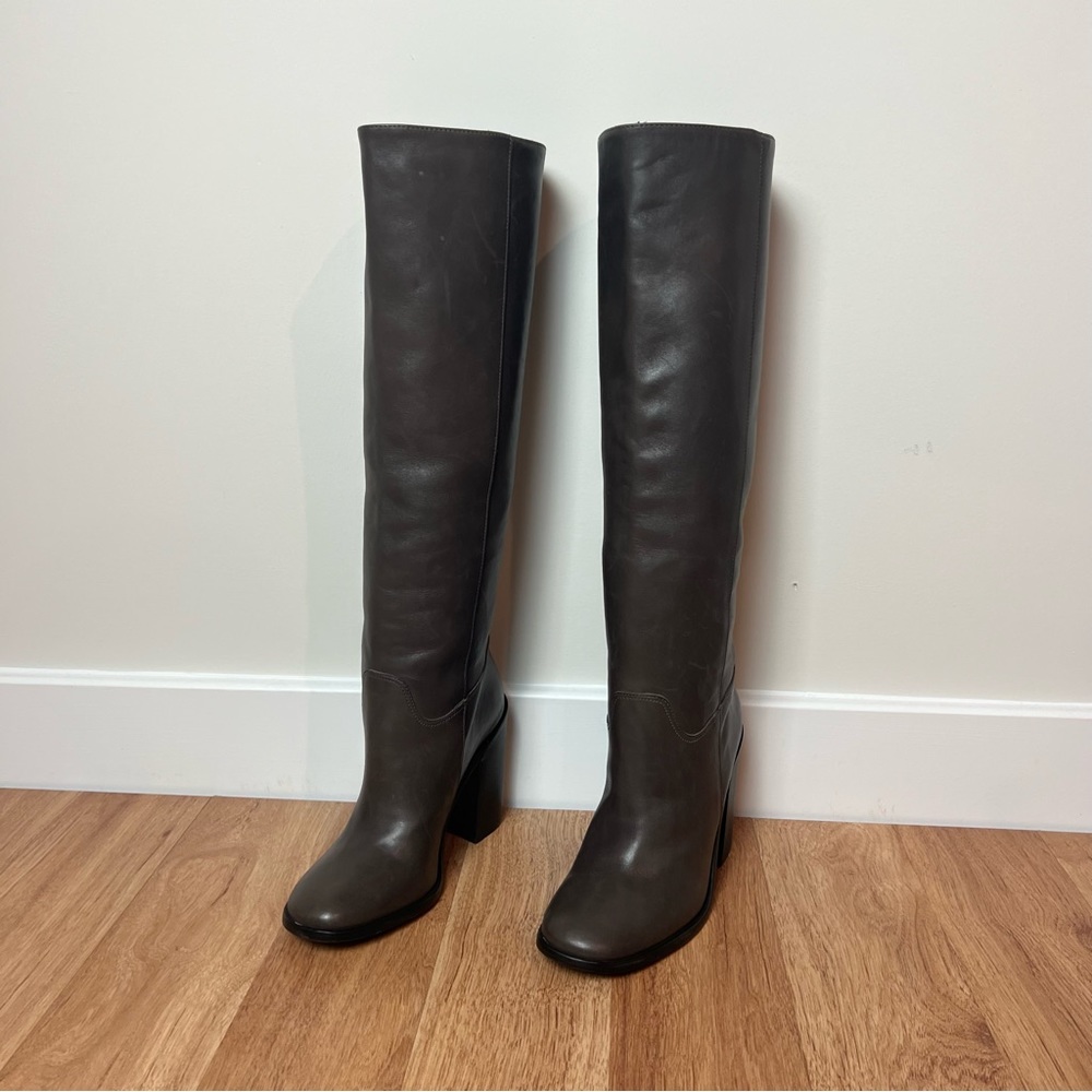 All Saints Dark Gray Leather High Heel Tall Boots Shoes Women Size 6 1/2